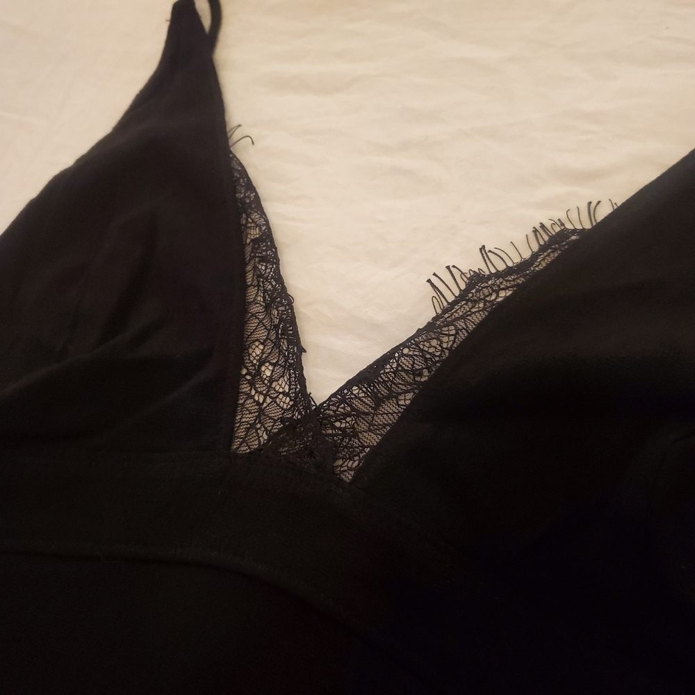 FREE PEOPLE Intimatley Free Black‎ Vneck Lacey Trim One Piece Bodysuit NWOT SZ M - Picture 3 of 9